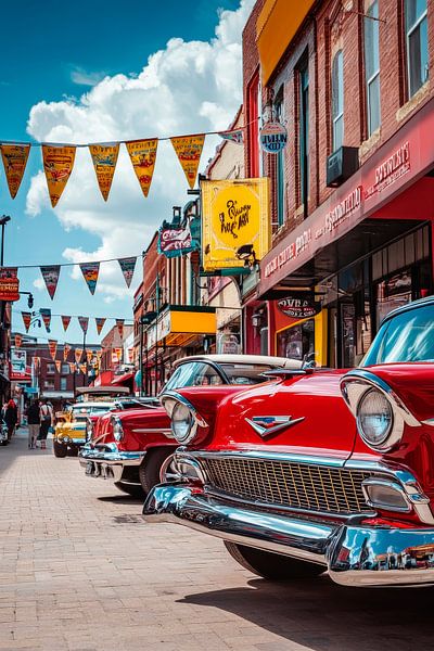 Klassische Autos in Stadtstraße von Poster Art Shop