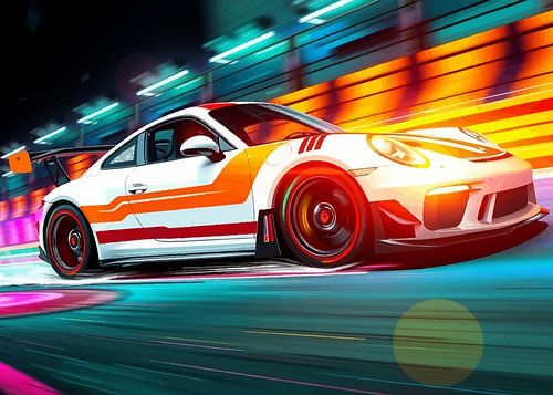 Een witte Porsche 911 GT3 RS met levendige oranje strepen op Circuit 2