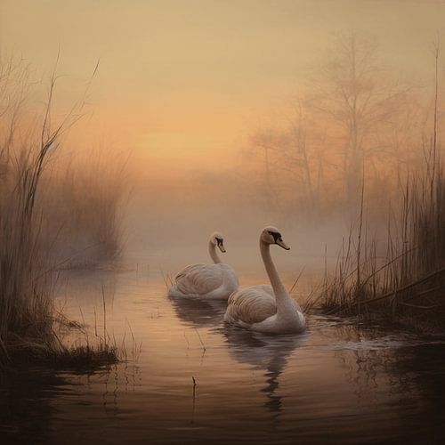 Two swans in a morning mist