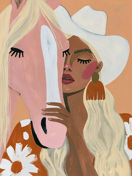 Cowgirl met roze paard in moderne western stijl