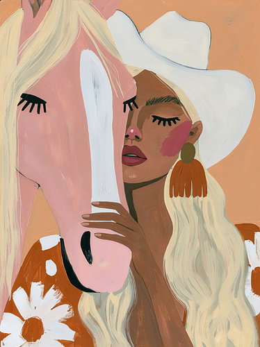 Cowgirl met roze paard in moderne western stijl