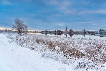 View across the Warnow to the Hanseatic city of Rostock in winter