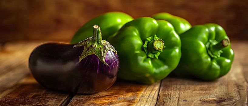 Bunte Paprika und Aubergine auf Holz von Poster Art Shop
