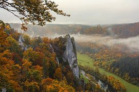 Stiegelesfelsen and Danube with last remnants of fog seen from the Burgstall viewpoint - Upper Danube Nature Park by BlattArt - Christine Horn