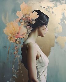 Collage-style portrait with pink and gold accents by Carla Van Iersel