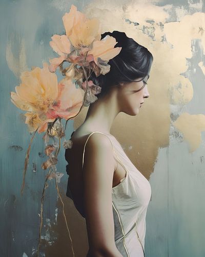 Portret in collage stijl met roze en gouden accenten