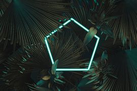 Pentagon frame in neon light surrounded by tropical plants