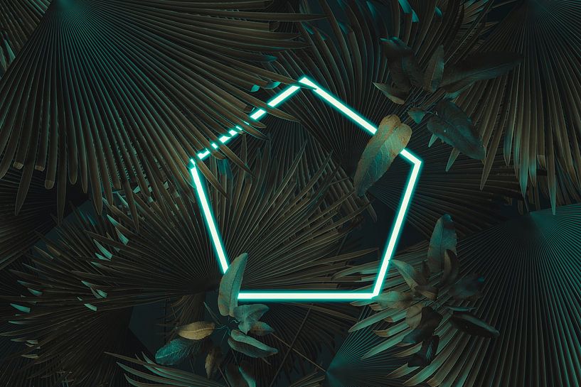 Fünfeck Frame im Neon Licht umgeben von tropischen Pflanzen von Besa Art