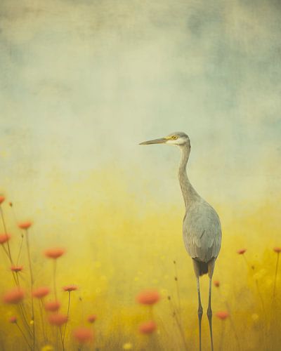 Modern landscape in pastel colours with heron