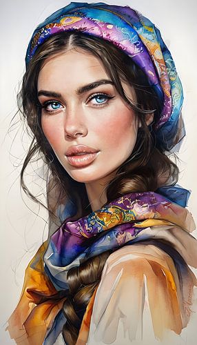 Een vrouw met opvallende blauwe ogen