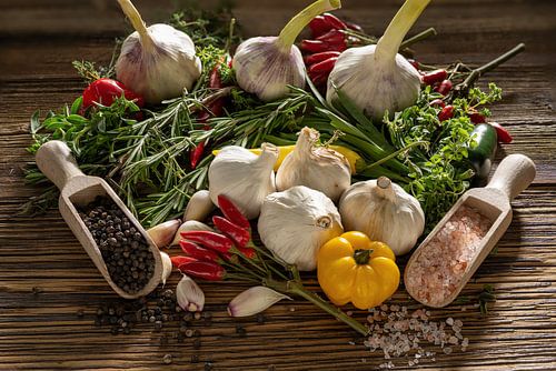 Mediterranean herbs and spices on rustic wood by Photo Art Thomas Klee