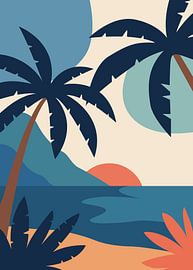 Minimalistisches Naturposter mit tropischer Strandkulisse, Palmen-Silhouetten, überlagerten Formen und einem warmen Sonnenuntergang über dem Meer. von Adam Khabibi