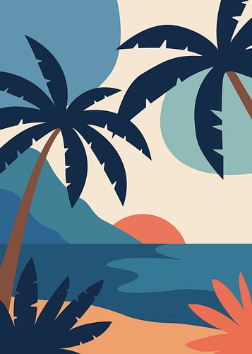 Affiche minimaliste sur le thème de la nature représentant une plage tropicale, avec des silhouettes de palmiers, des formes superposées et un coucher de soleil aux teintes chaudes sur l'océan.