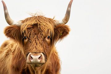 Close-up van een Schotse hooglander met indrukwekkende hoorns van De Muurdecoratie