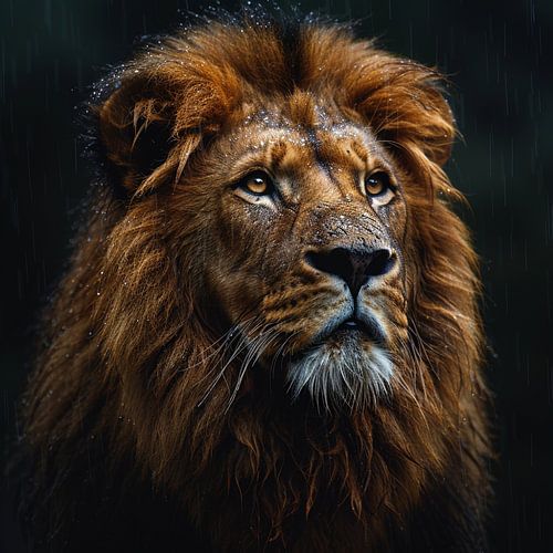 Portrait d'un lion majestueux sous une pluie fine