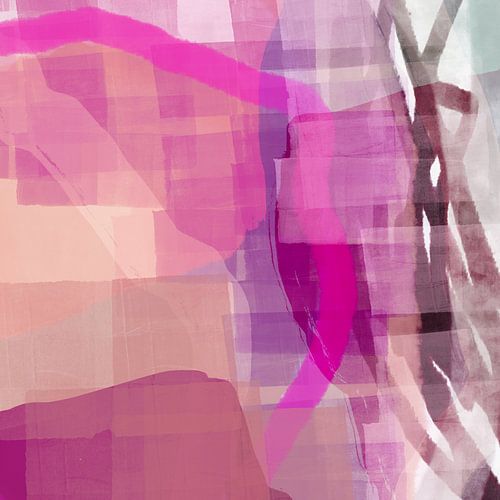 Abstracte aquarelkunst in neonroze, paars en bruin.