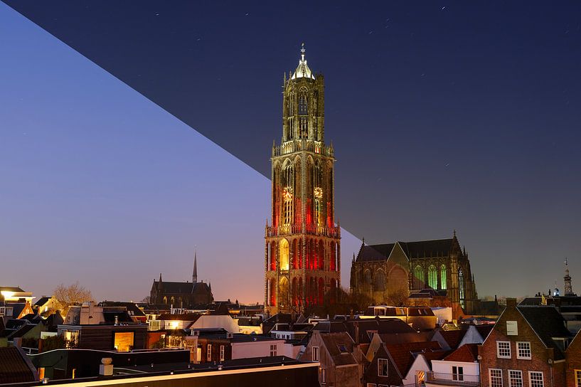 Paysage urbain d'Utrecht avec la tour Dom rouge et blanche, montage en écran partagé par Donker Utrecht