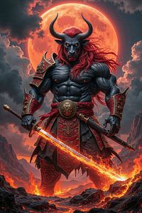 Fantasy Wall Art: BULL – The Mighty Samurai in a Burning Landscape