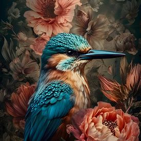 Kingfisher among colourful flowers by But First Framing