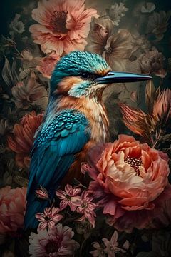 Kingfisher among colourful flowers by But First Framing