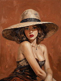 Porträt im Vintage-Stil einer eleganten Frau mit Sonnenhut von STUDIO ARTSY