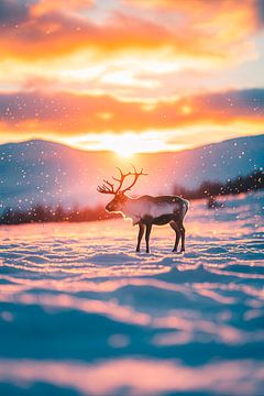 Winter zonsondergang met rendieren van Poster Art Shop