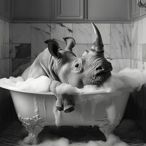 Neushoorn in bad - Een unieke badkamerfoto voor je toilet