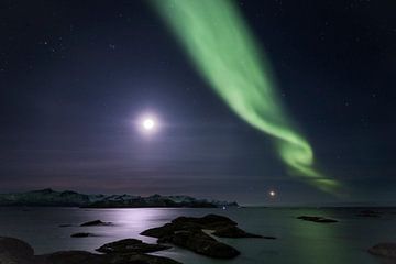 Northern lights by moonlight over a Norwegian fjord