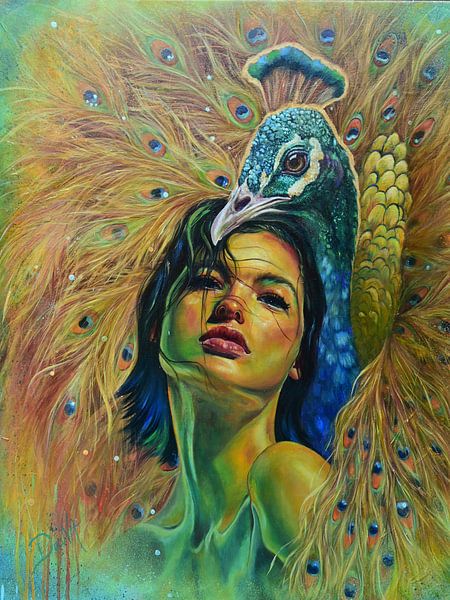 Vrouwenportret met Pauw - spirituele kunst  - een ode aan jouw ware kleuren van Deana Lassooy