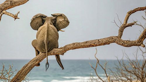 Een olifant geniet van het uitzicht op zee