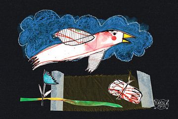 Vogel in der Nacht, Collagekunst auf schwarzem Hintergrund von mariska eyck