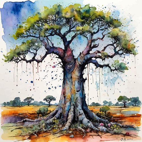 Baobab boom aquarel schilderij - Rauwe organische natuur kunst