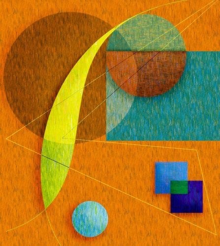 Abstract in bruin met geel blauw en groen.