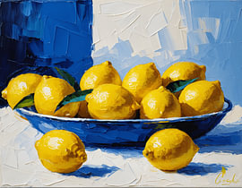 Citrons gorgés de soleil dans un plat bleu cobalt sur Stefan Vermeer