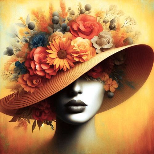 Portret van een vrouw met een hoed en bloemen
