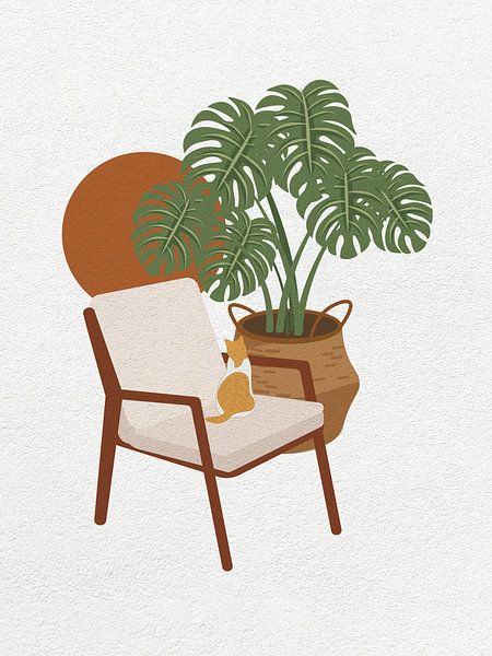 Minimal art of a cat on a chair with a plant by RickyAP