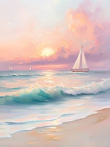 Gemälde: Segelboot, Sonnenuntergang und Meereswellen