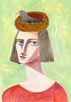 Bird Lady naïef kunstportret van vrouw, figuratieve kunst, vrouw,