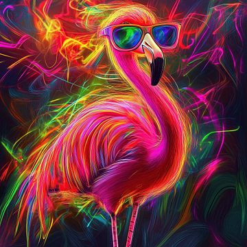 Electric flamingo – moderne kunst met neon kleuren en popart van Mel Digital Art