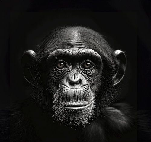 black-and-white portrait of a monkey