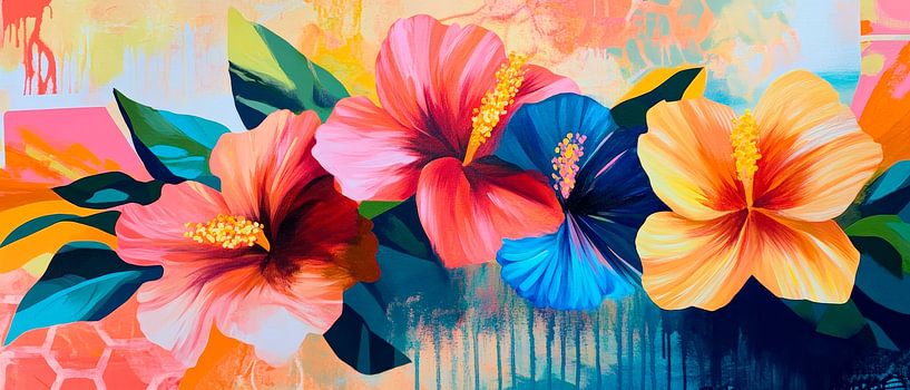 Des fleurs d'hibiscus multicolores dans un jeu de couleurs par Poster Art Shop