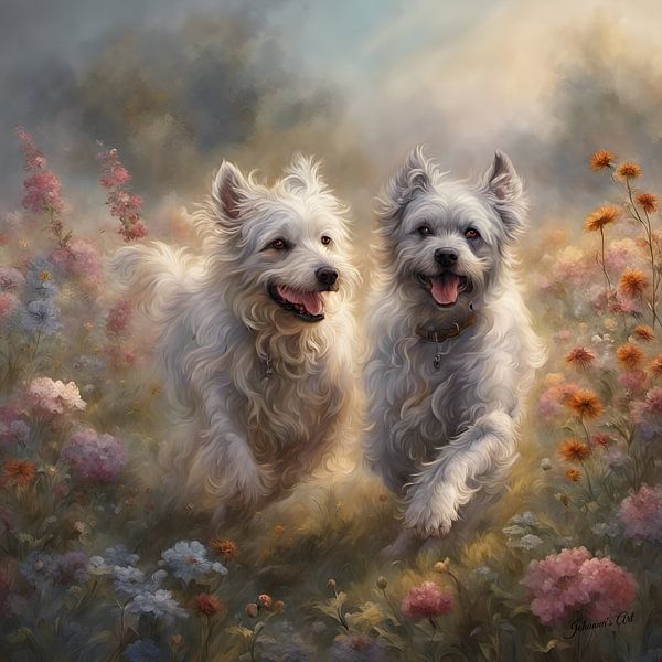 Russian Tsvetnaya Bolonka playing in a Flowerfield by Johannas Art Creations