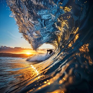 Surfer in de zonsondergang van Poster Art Shop