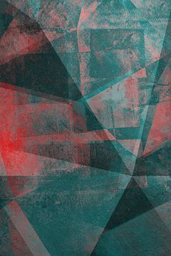 Driehoekige Symfonie: Multicolor Metallic Abstract in Turquoise en Rood van Dina Dankers