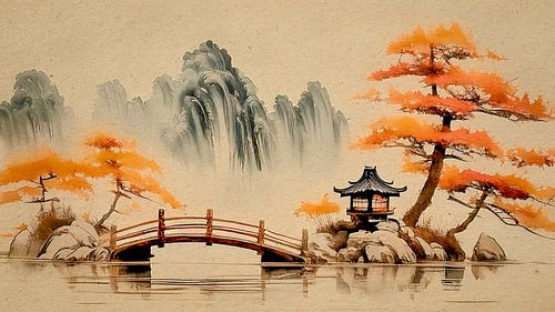 Mysterieus Japandi Herfstandschap in Sumi-e stijl