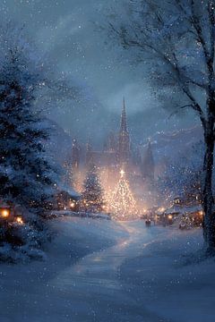 Marché de Noël au château dans un rêve hivernal illuminé par la neige