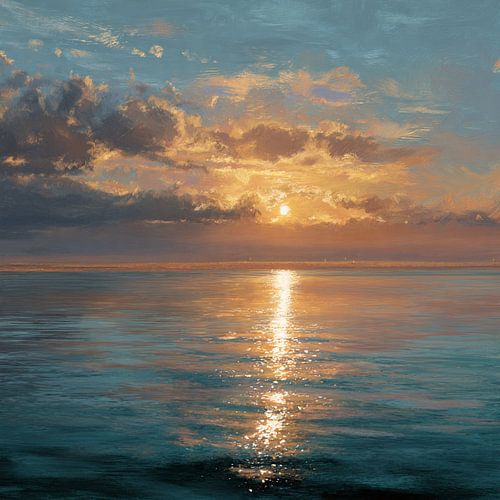 Serene Coastal Sunset Oil Painting Style