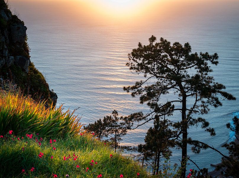 Zonsondergang in zee aan de kust van Madeira van Erwin Pilon