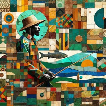 Collage/mosaic of a Senegalese fisherman by Lois Diallo