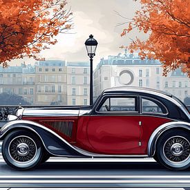 Een klassieke auto in een stadsstraat met bomen van een boulevard van Ariadna de Raadt-Goldberg